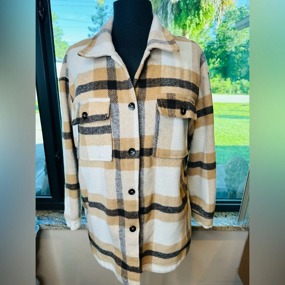 BTFBM Plaid Button-Up Jacket Neutral Colors Oversized Size Large